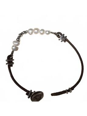 Silpada Silver and Pearl on Leather Button Clasp Bracelet